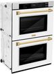 ZLINE Autograph Edition Professional 30" Satin Stainless Steel Double Electric Wall Oven with White Matte Doors and Polished Gold Accents-1