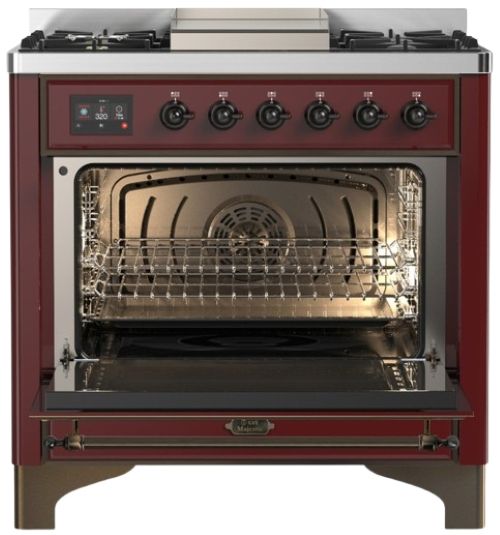 Ilve® Majestic III 36" Burgundy Pro Style Dual Fuel Natural Gas Range with Solid Door and Burnished Trim-1