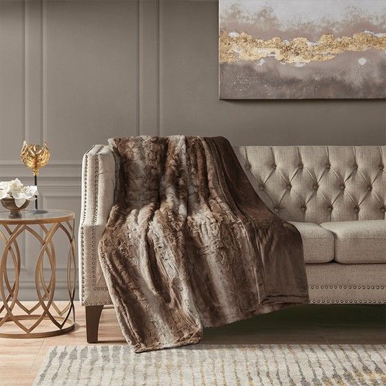 Olliix by Madison Park Zuri Tan 60x70" Polyester Faux Tip Dyed Brushed Long Fur Throw-2
