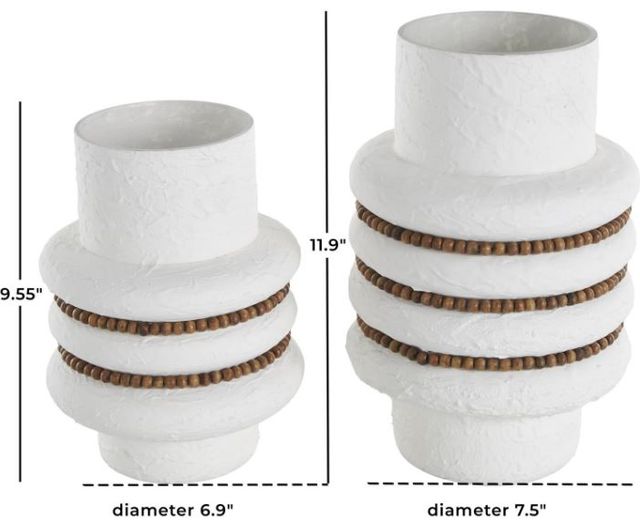 Deco Marche 2-Piece White Glass Vase with Brown Wood Beaded Stripes Set-3