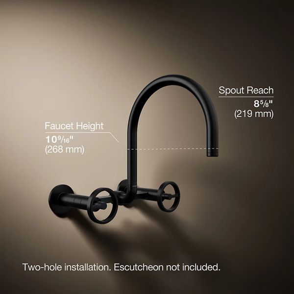 KOHLER® Billet® Matte Black 12" 2-Hole Wall-Mount Bridge Kitchen Sink Faucet with Round Handles-4