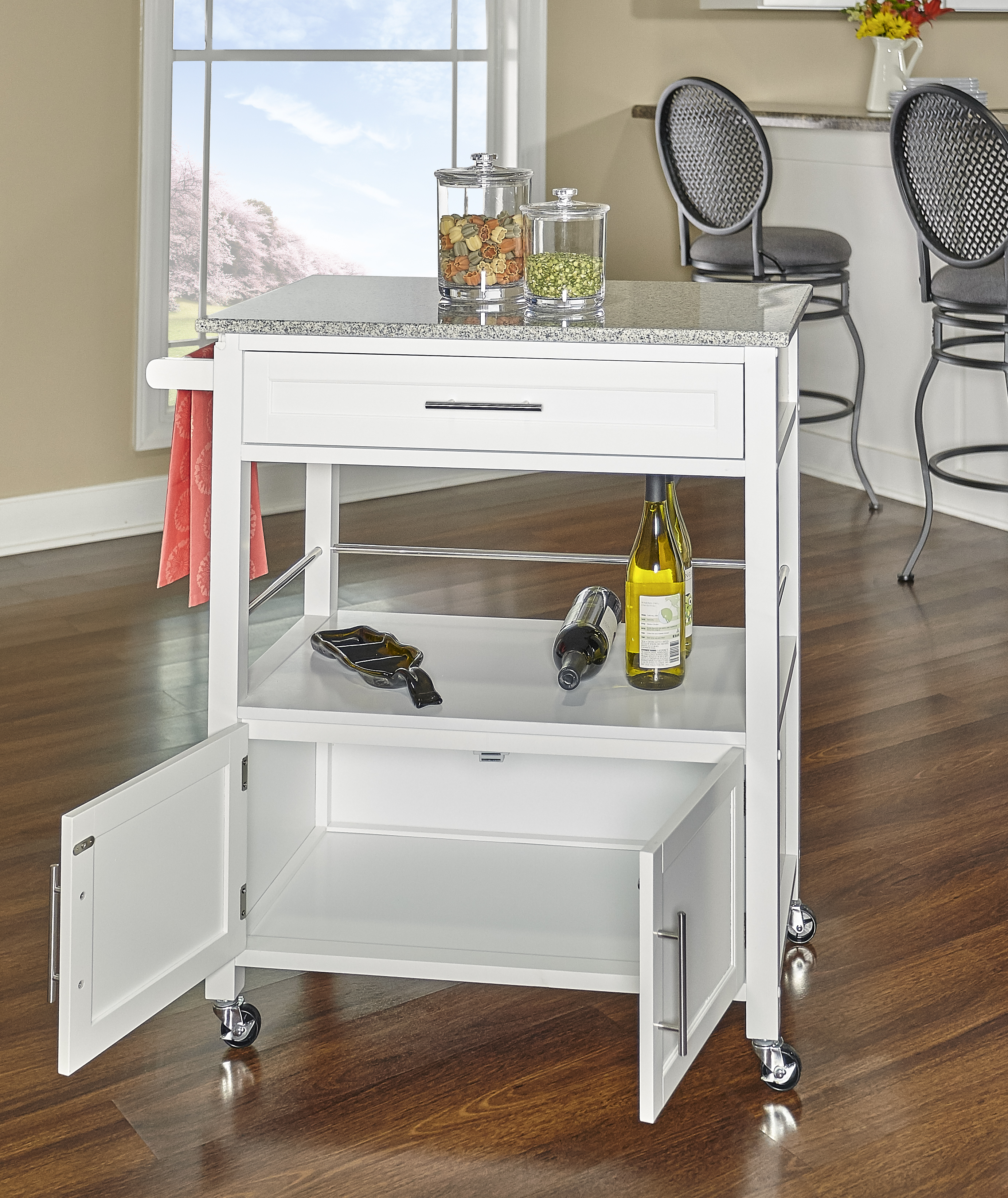 Linon Cameron White Kitchen Cart with Granite Top - Thumbnail 2