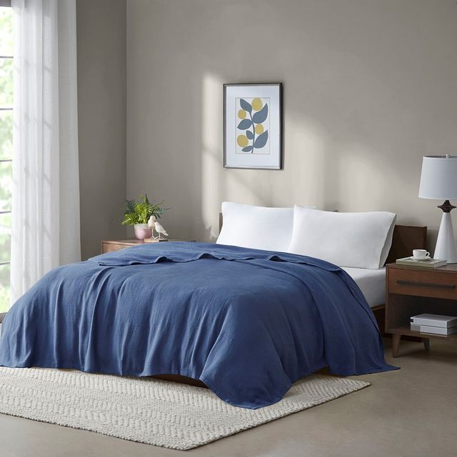 Olliix by Madison Park Freshspun Basketweave Navy King Cotton Blanket-2