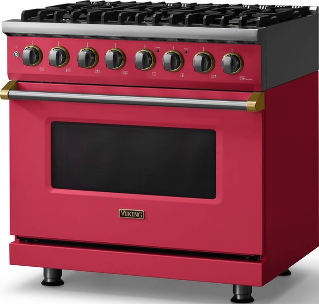 Viking® 5 Series 36" Valentine Pro Style Dual Fuel (NG) Range with Brushed Brass Trim-3