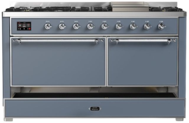 Ilve® Majestic III 60" Blue Gray Pro Style Dual Fuel Liquid Propane Range with Solid Door and Chrome Trim-2