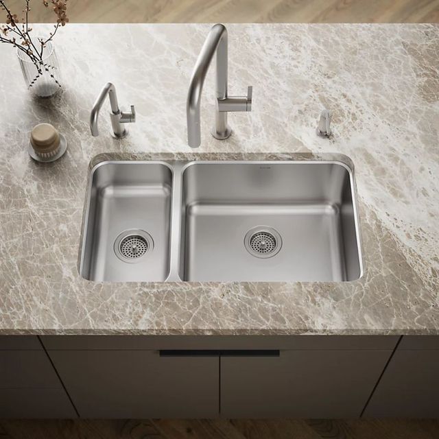 KOHLER® Undertone® Stainless Steel 32" Undermount Double Offset Bowl Kitchen Sink with Short Apron-1