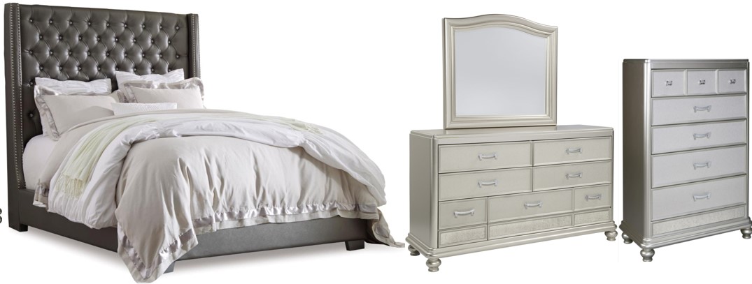 Signature Design by Ashley® Coralayne 4-Piece Silver California King Upholstered Sleigh Bed Set