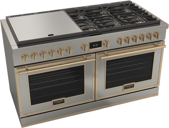 Fulgor Milano® Evoque 400 Series 60" Stainless Steel Pro Style Dual Fuel Hybrid Range with Brushed Brass Trim -1