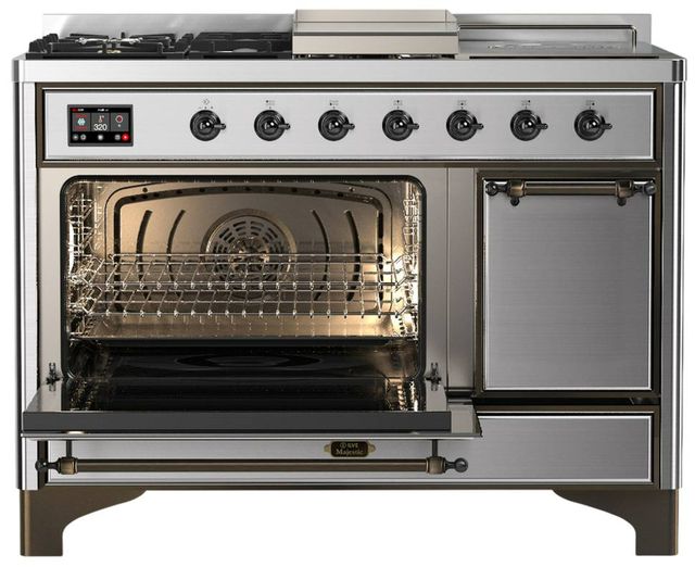Ilve® Majestic III 48" Stainless Steel Pro Style Dual Fuel Natural Gas Range with Solid Door and Burnished  Trim-3