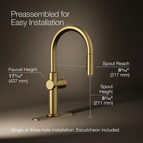 KOHLER® Crue® Vibrant Brushed Moderne Brass Touchless Kitchen Sink Faucet with 3-Function Sprayhead-2