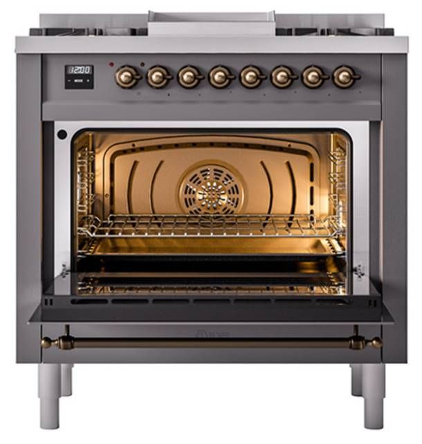 Ilve® Nostalgie II Noblesse 36'' Graphite Matte Pro Style Dual Fuel Range with Burnished Trim-1
