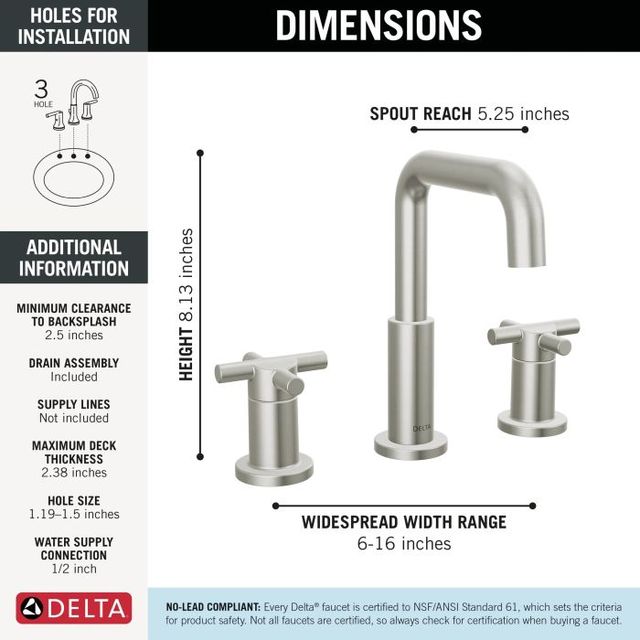Delta Nicoli® Stainless 2-Handle Cross Widespread Bathroom Faucet-3