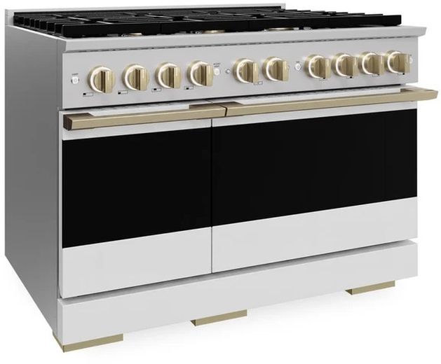 ZLINE Marino 48" Stainless Steel Pro Style Dual Fuel Range with White Matte Door and Champagne Bronze Accents-3
