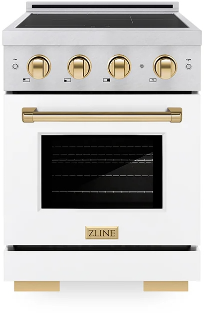 ZLINE Autograph Edition 24 in. 3.2 cu. ft. Paramount Induction Range with 3 Element Cooktop and Electric Convection Oven in Satin Stainless Steel with White Matte Door and Polished Gold Accents (SINRSZ-WM-24-G)