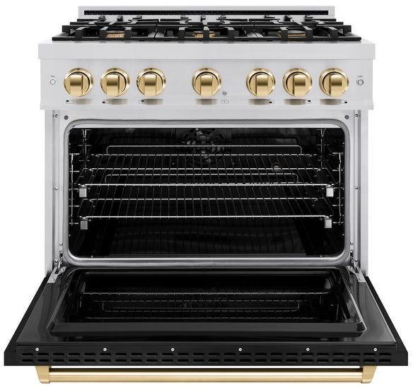 ZLINE Classic Series Autograph Edition 36" Stainless Steel Pro Style Dual Fuel Range with Black Matte Door and Polished Gold Accents-3