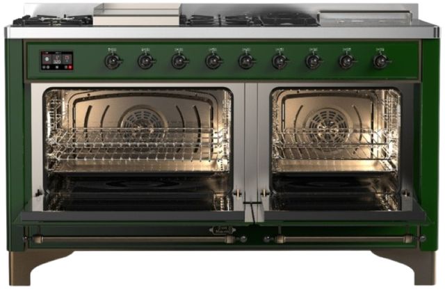 Ilve® Majestic III 60" Emerald Green Pro Style Dual Fuel Natural Gas Range with French Top and Burnished Trim-1