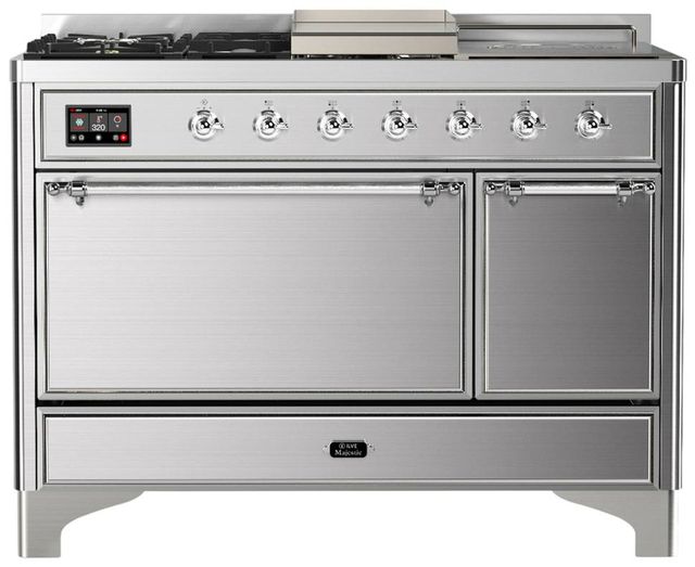 Ilve® Majestic III 48" Stainless Steel Pro Style Dual Fuel Liquid Propane Range with Solid Door and Chrome Trim-0