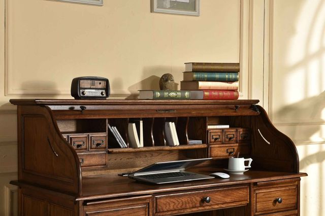 TEI Burnish Walnut Brown 54" Roll Top Secretary Desk-10