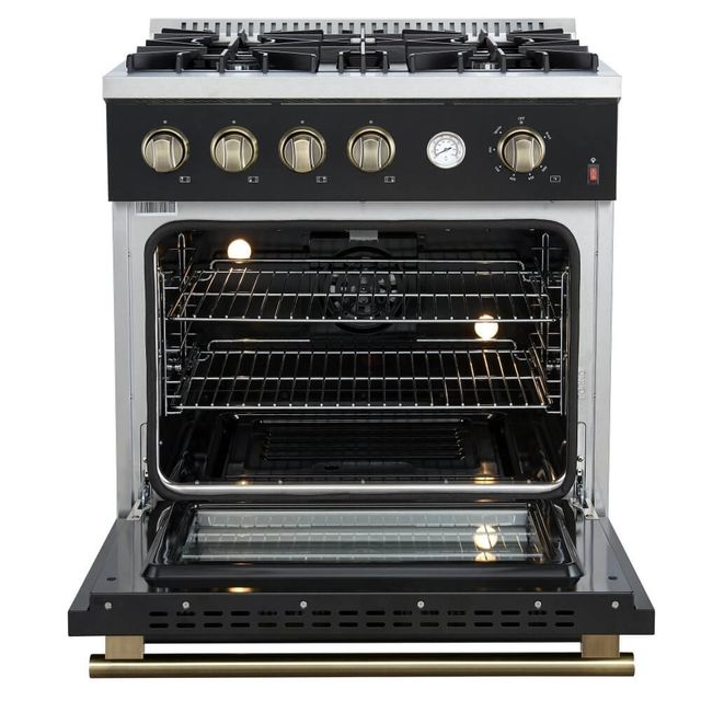 FORNO® Marco 30" Black Pro Style Gas Range with Antique Brass Accents-1