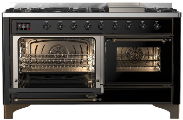 Ilve® Majestic III 60" Glossy Black Pro Style Dual Fuel Natural Gas Range with Triple Glass Door and Burnished Trim-2