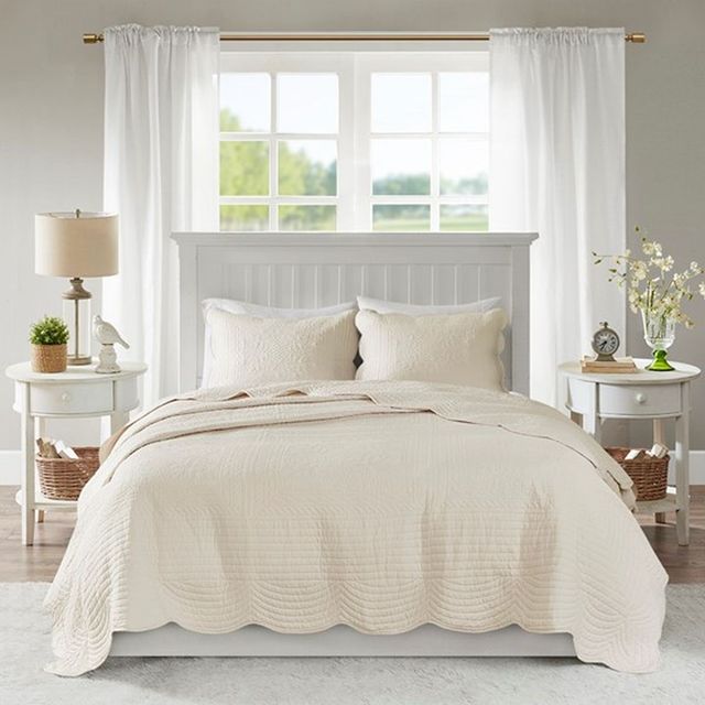 Olliix by Madison Park Cream King/California King Tuscany 3 Piece Reversible Scalloped Edge Coverlet Set-3