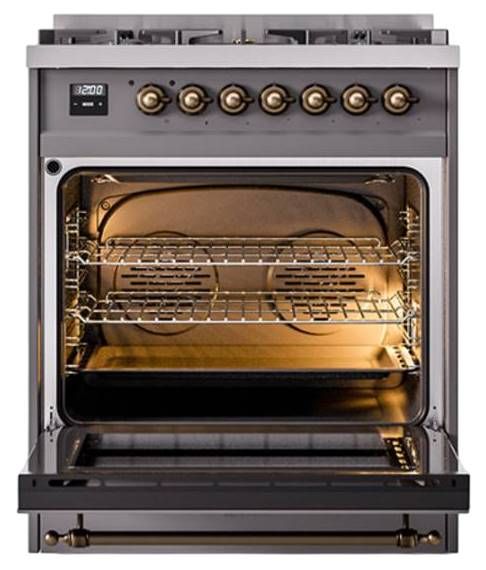 Ilve® Nostalgie II Noblesse 30'' Graphite Matte Pro Style Dual Fuel Range with Burnished Trim-1