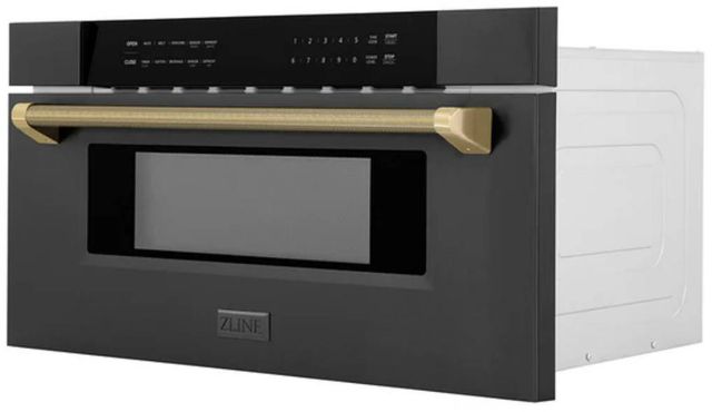 ZLINE Autograph Edition 30" 1.2 Cu. Ft. Black Stainless Steel Built-in Microwave Drawer with Champagne Bronze Helix Handle-2