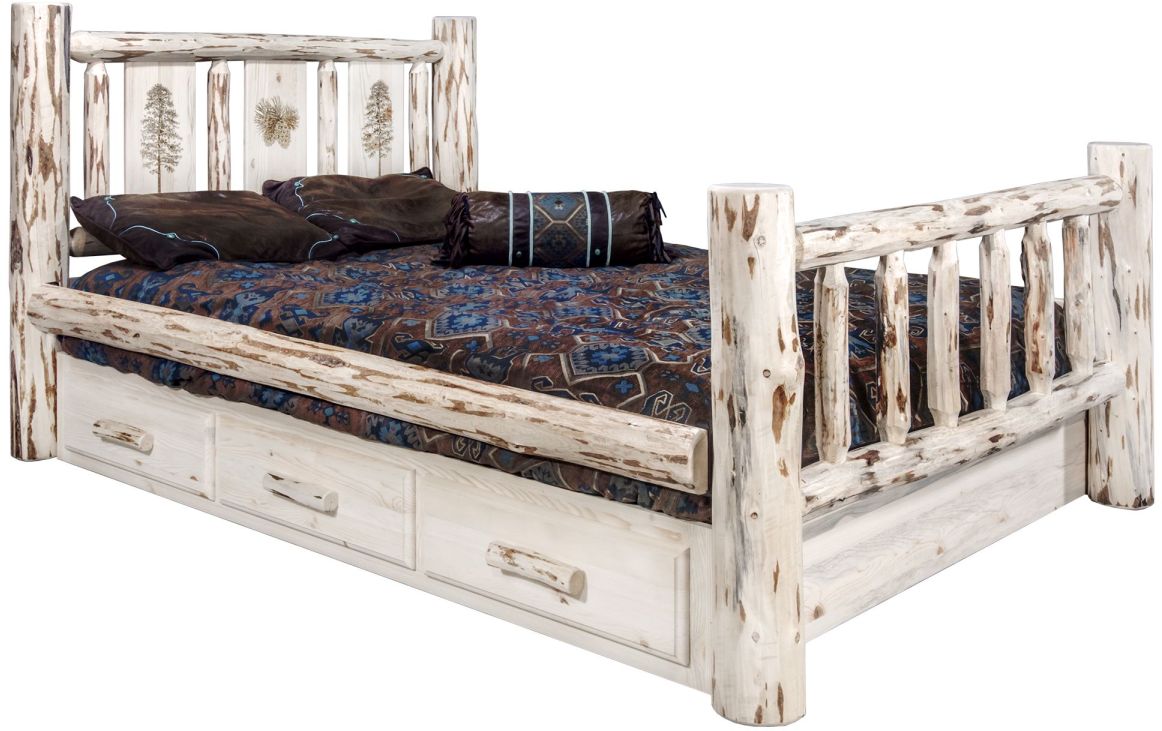 Montana Woodworks® Montana Collection Clear Lacquer California King Storage Bed with Laser Engraved Pine Design