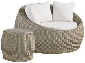 Elements International Ollie 2-Piece Tan/White Cream Olefin and Rattan Outdoor Cuddler Chair and End Table Set