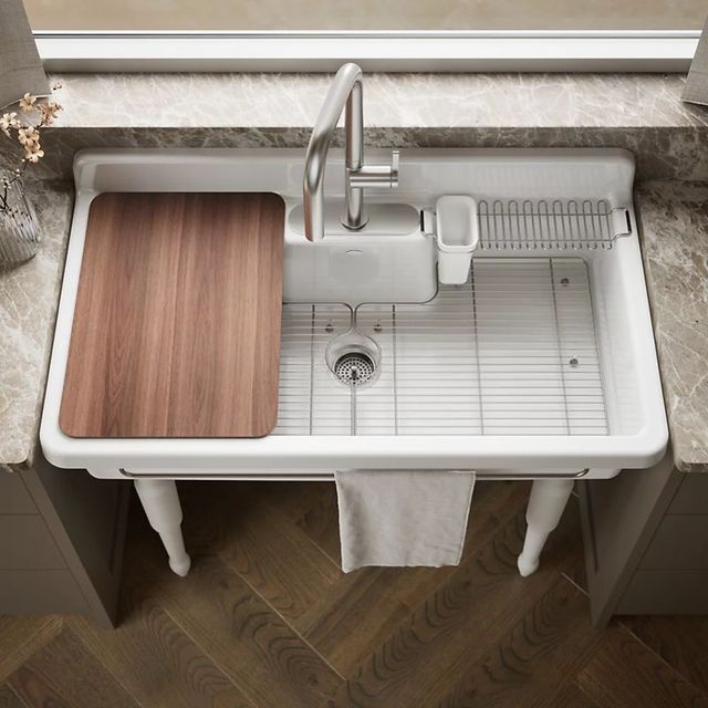 KOHLER® Farmstead® White 45" 3-Faucet Hole Top/Wall-Mount Single-Bowl Workstation Farmhouse Kitchen Sink with Painted White Underside-1