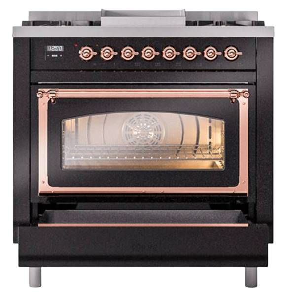 Ilve® Nostalgie II Noblesse 36'' Glossy Black Pro Style Dual Fuel Range with Copper Trim-3