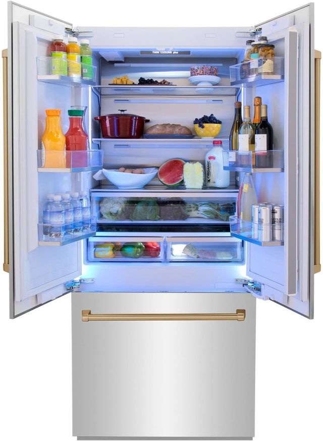 ZLINE Autograph Edition 36" 19.6 Cu. Ft. Stainless Steel Built In French Door Refrigerator with Water Dispenser and Ice Maker in Polished Gold Accents-3