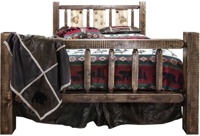 Montana Woodworks® Homestead Stain and Clear Lacquer Full Bed with Laser Engraved Wolf Design-1