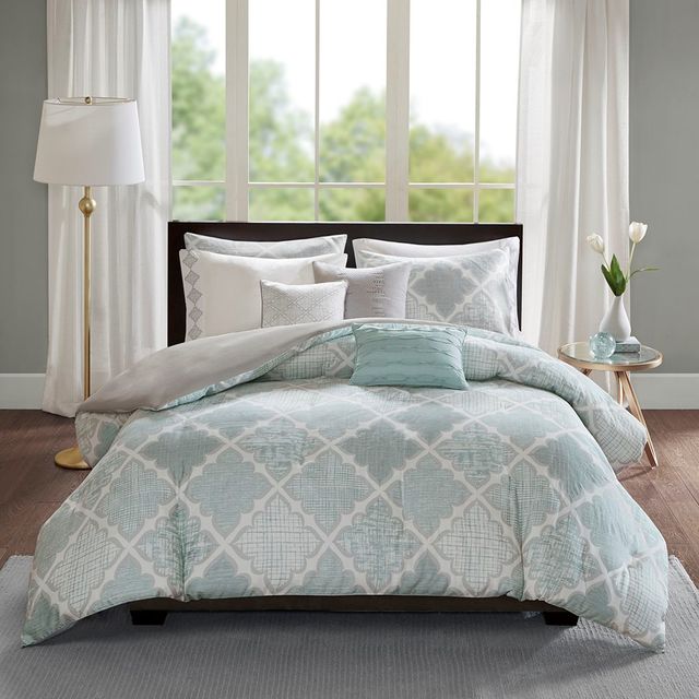Olliix by Madison Park 8 Piece Aqua King/California King Cadence Cotton Sateen Duvet Cover Set-1