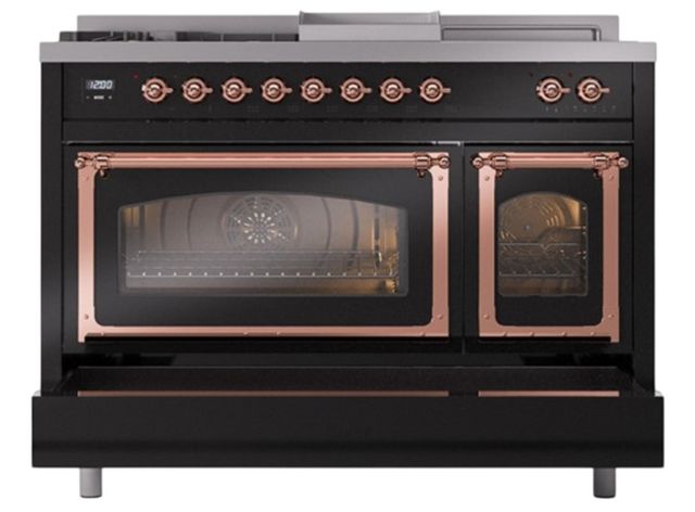 Ilve® Nostalgie II Noblesse 48'' Glossy Black Pro Style Dual Fuel Range with Copper Trim-1