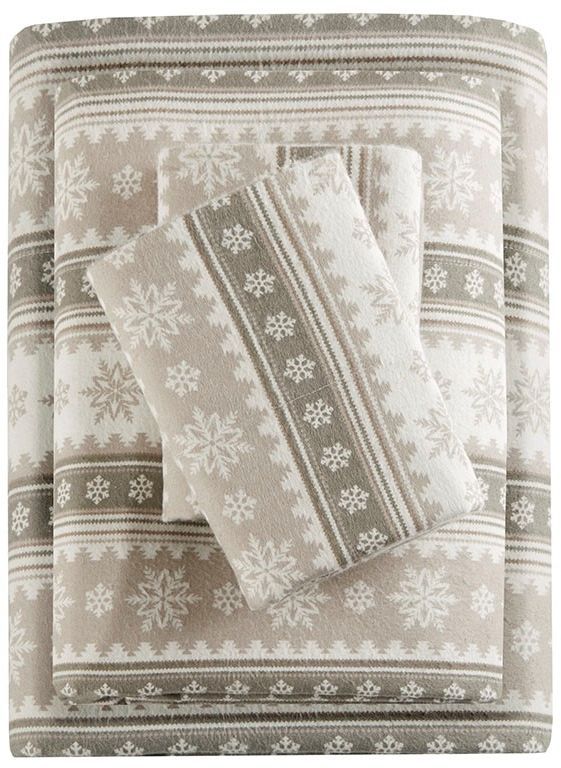 Olliix by Woolrich Tan Snowflake Queen Flannel Cotton Sheet Set-0