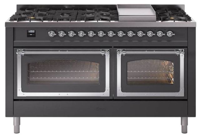 Ilve® Nostalgie II Noblesse 60'' Graphite Matte Pro Style Dual Fuel Range with Chrome Trim-0