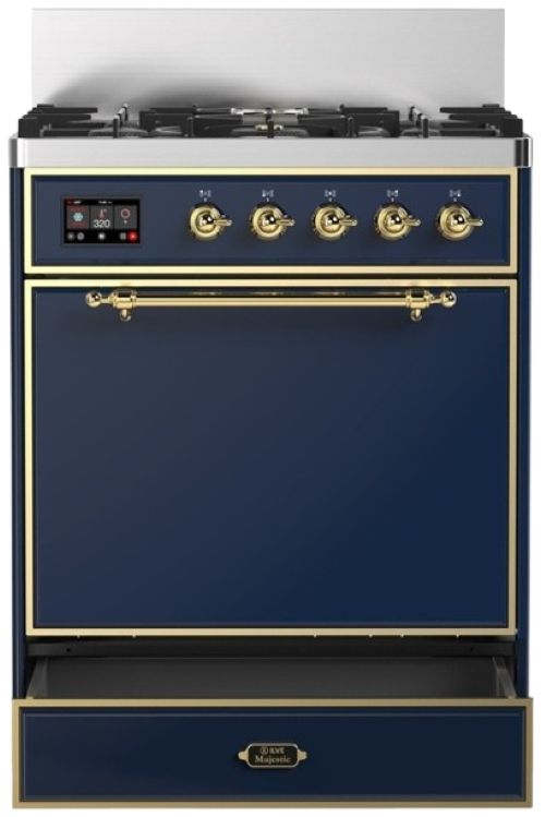 Ilve® Majestic III 30" Midnight Blue Pro Style Dual Fuel Natural Gas Range with Solid Door and Brass Trim-2