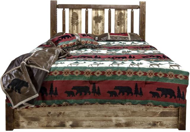 Montana Woodworks® Homestead Stain & Clear Lacquer King Platform Storage Bed with Laser Engraved Pine Design-1
