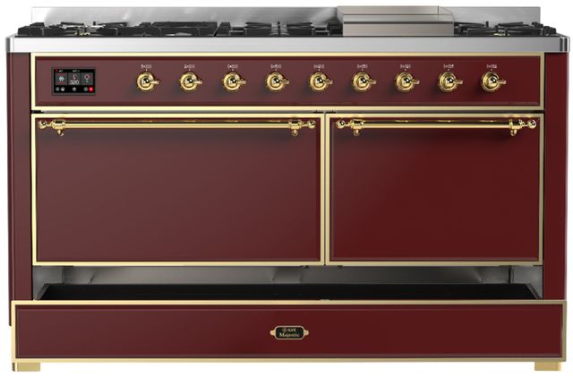 Ilve® Majestic III 60" Burgundy Pro Style Dual Fuel Liquid Propane Range with Solid Door and Brass Trim-1