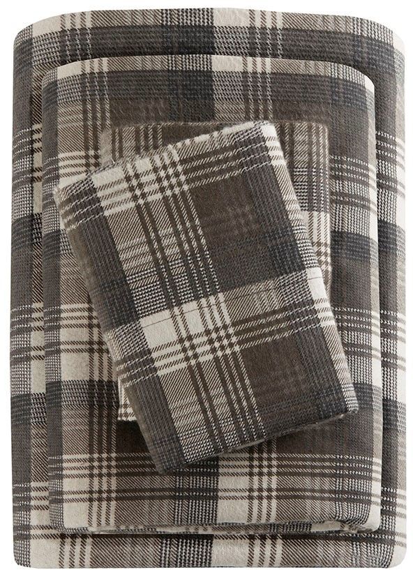 Olliix by Woolrich Brown Plaid California King Flannel Cotton Sheet Set-0