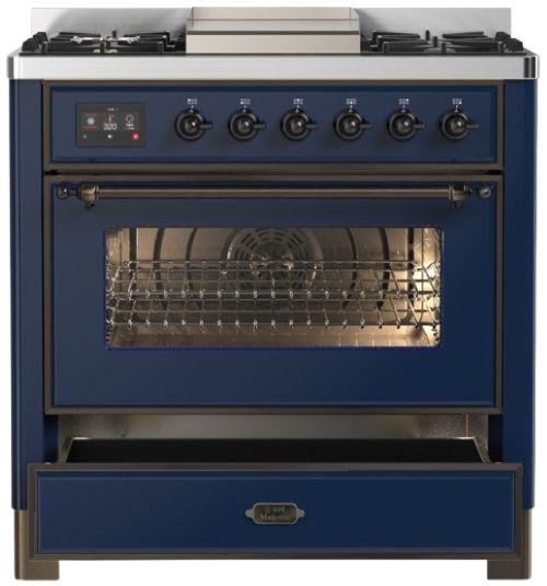 Ilve® Majestic III 36" Midnight Blue Pro Style Dual Fuel Liquid Propane Range with 6 Black Brass Burners and Burnished Trim-2