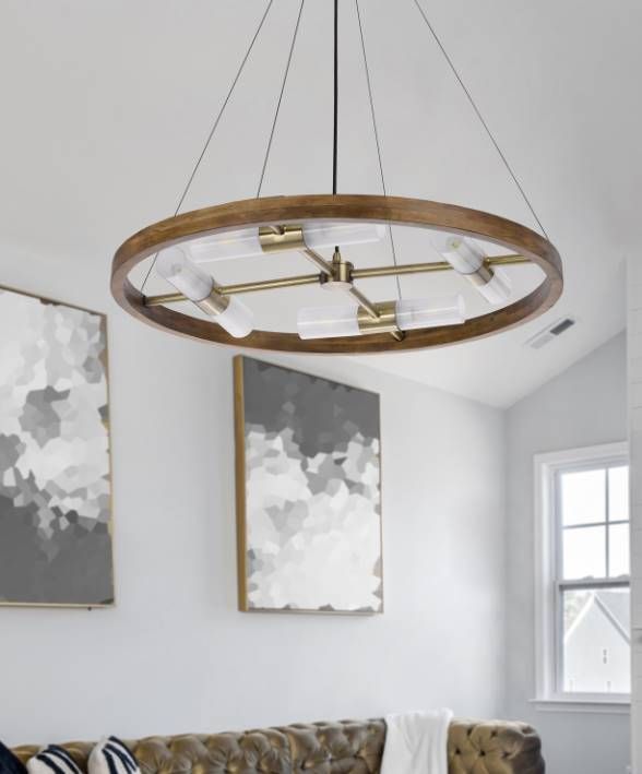 Cal® Lighting & Accessories Hempstead Antique Brass/Wood Cylinder Chandelier-3