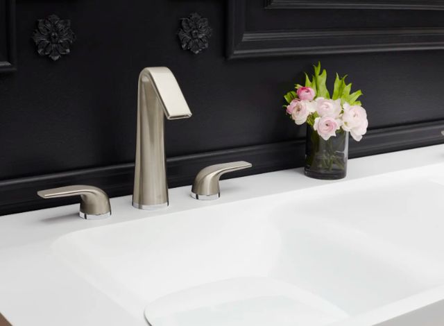DXV Modulus Brushed Nickel High Spout Widespread Bathroom Faucet with Indicator Markings and Lever Handles-1