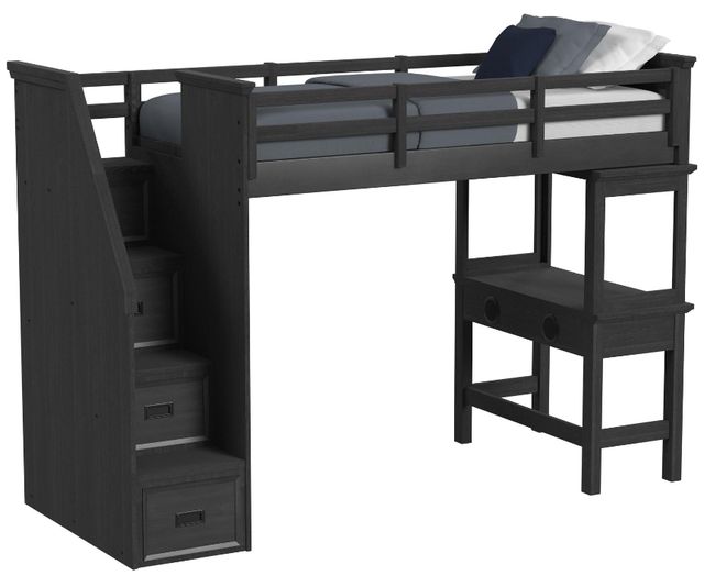 Elements International Hampton Kids Charcoal Youth Twin Loft Bed with Staircase and Desk-0