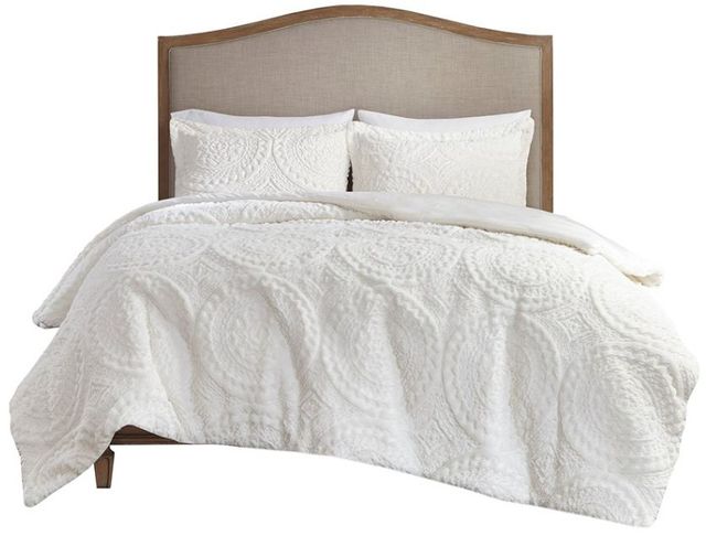 Olliix by Madison Park Arya Ivory Full/Queen Embroidered Medallion Faux Fur Ultra Plush Comforter Mini Set-0