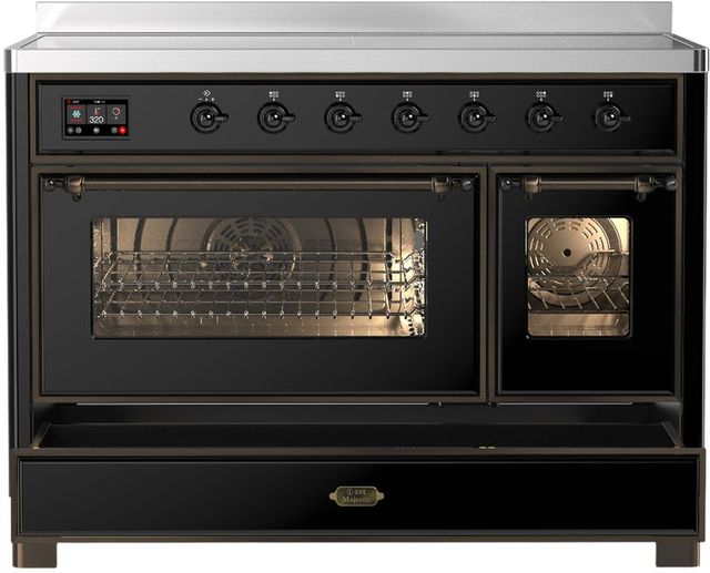 Ilve® Majestic III 48" Glossy Black Pro Style Induction Range with Triple Glass Door and Burnished Trim-2