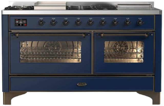 Ilve® Majestic III 60" Midnight Blue Pro Style Dual Fuel Liquid Propane Range with French Top and Burnished Trim-0