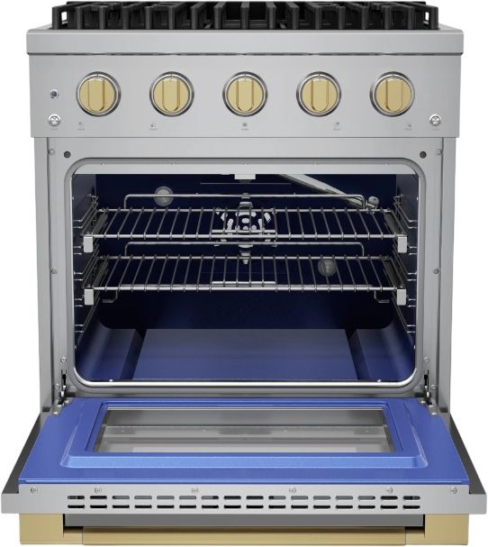 Hauslane HausPro 30" Stainless Steel Pro-Style Dual Fuel Range with Satin Brass Knobs-2