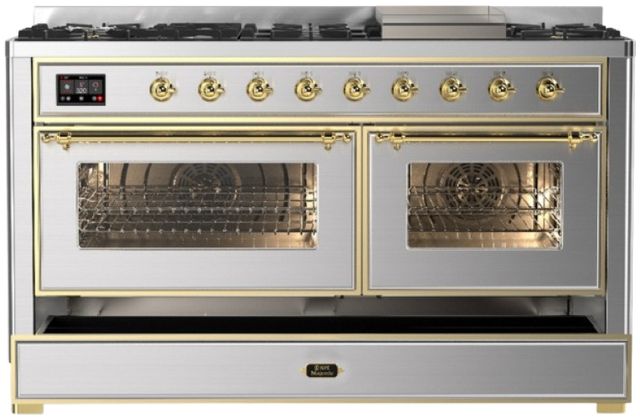 Ilve® Majestic III 60" Stainless Steel Pro Style Dual Fuel Liquid Propane Range with Triple Glass Door and Brass Trim-2